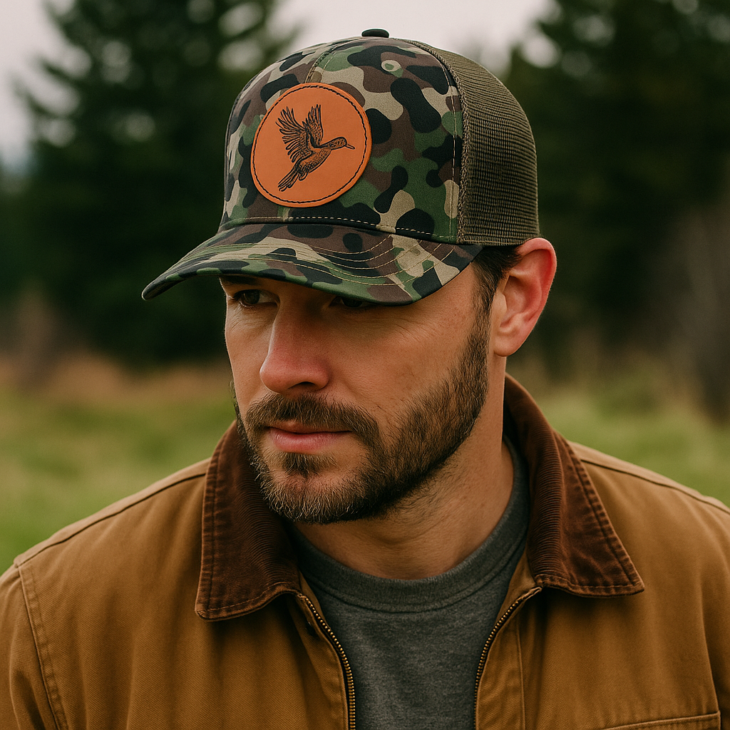 Camo Mesh Trucker Cap with Leather Bird Patch