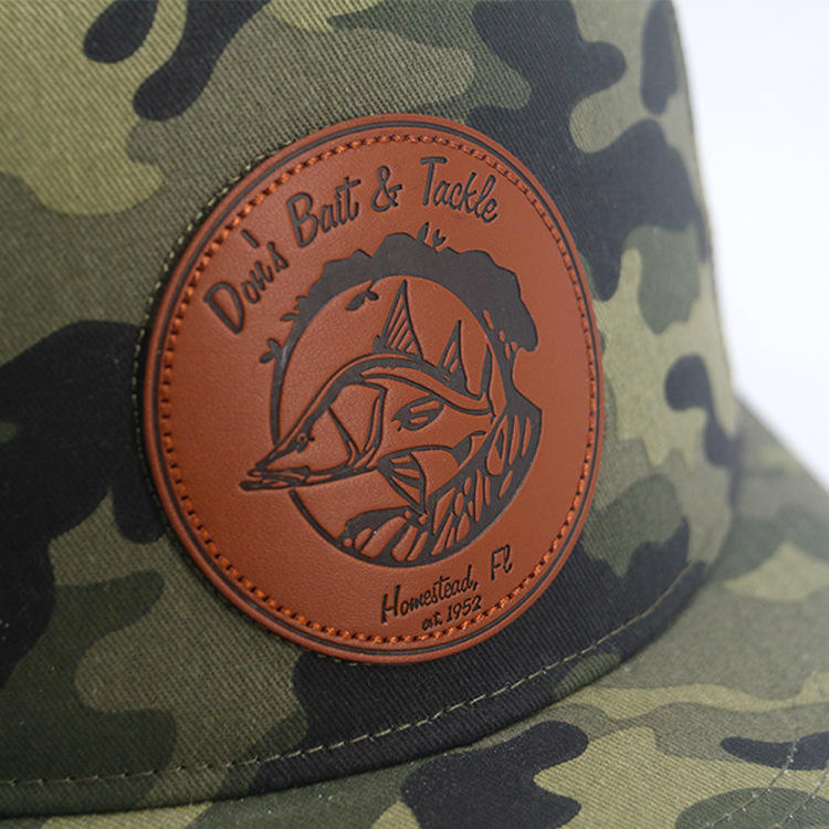 Camo Mesh Trucker Hat with Round Leather Patch - Don’t Bait & Tackle