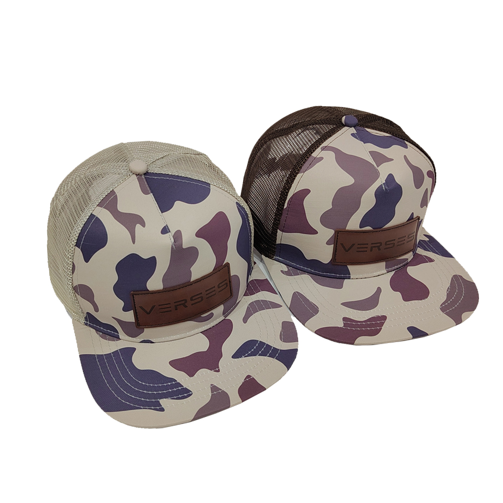 Purple Camo Mesh Trucker Hat with Leather Patch