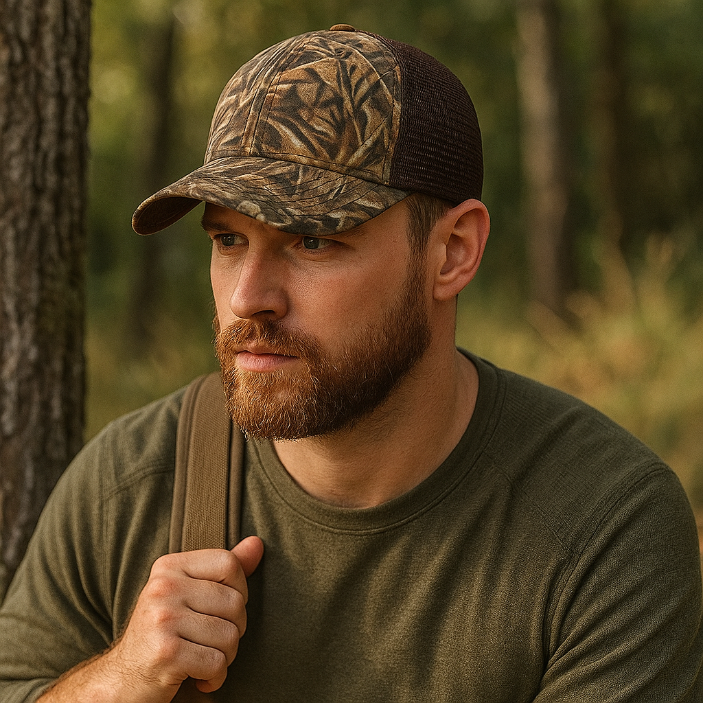 Camo Print Trucker Hat with Mesh Back and Leather Patch