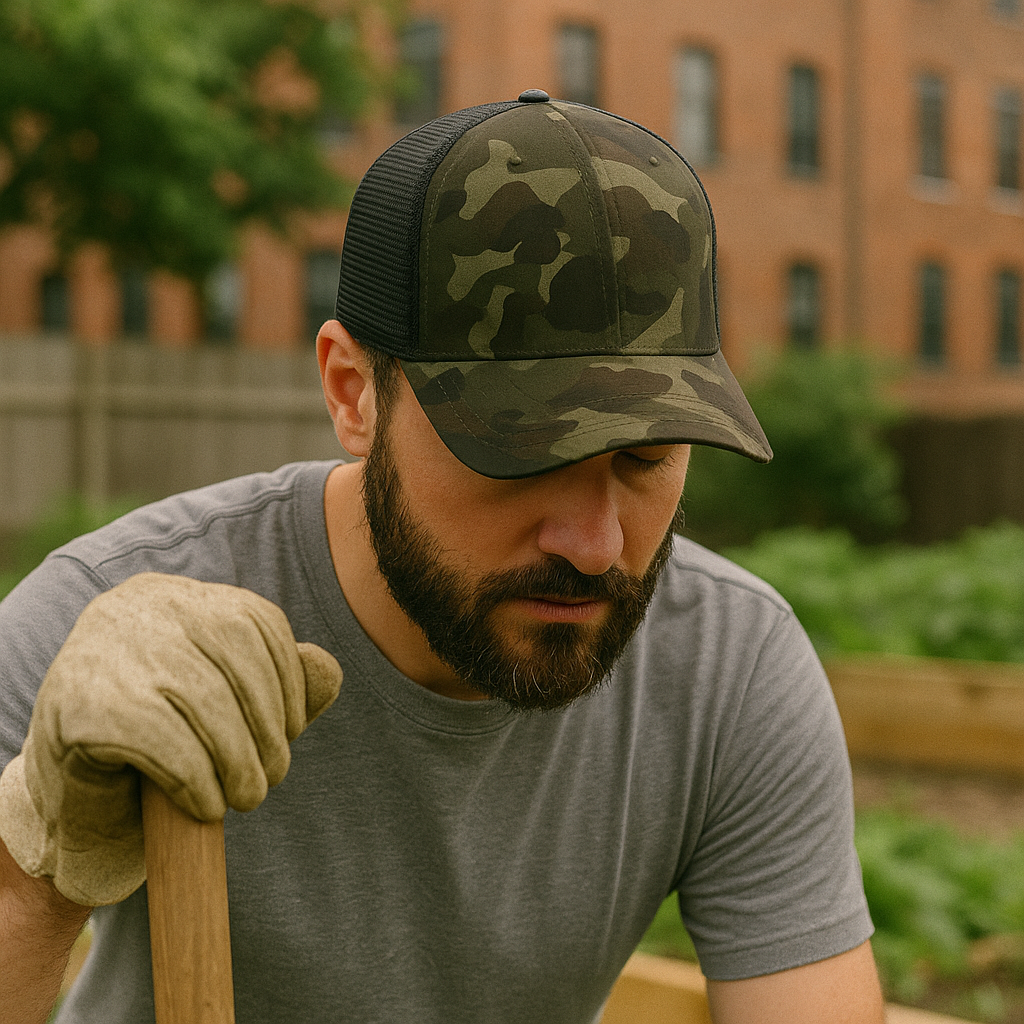 Camo Mesh Trucker Hat with Leather Patch – Adjustable Outdoor Hunting Cap