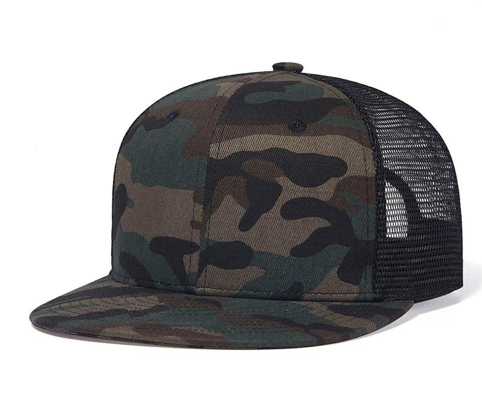 Flat Brim Dark Camo Mesh Trucker Cap with Snapback Closure – Urban Outdoor Style