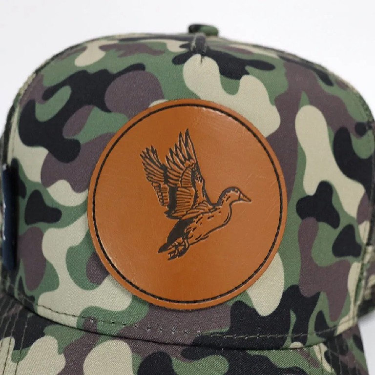 Camo Mesh Trucker Cap with Leather Bird Patch