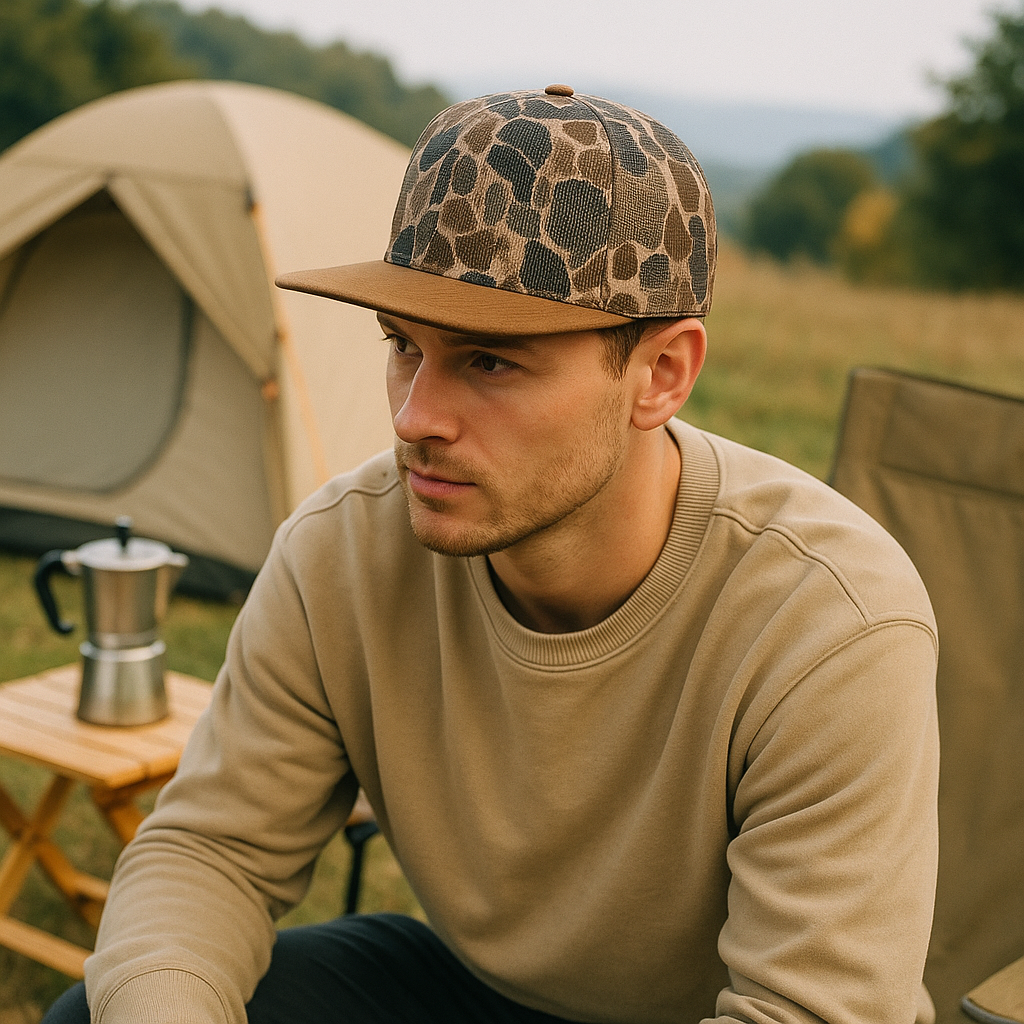 Flat Brim Mesh Trucker Hat with Full Camo Print