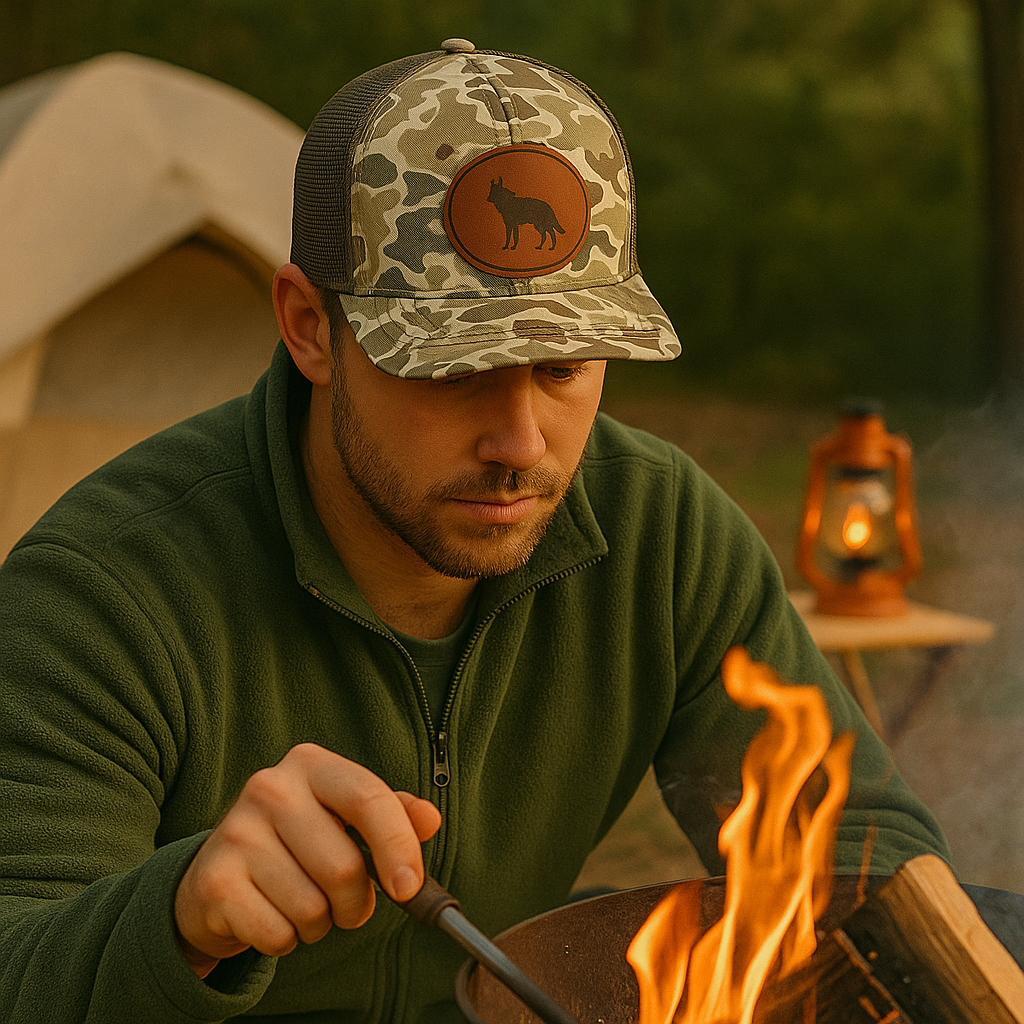 Camo Trucker Cap with Wolf Forest Leather Patch – Outdoor Adventure Hat