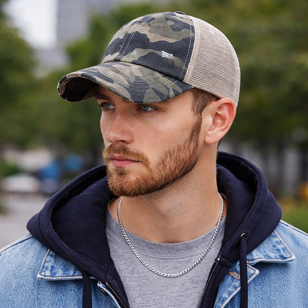 Vintage Camo Distressed Mesh Trucker Cap – Snapback Outdoor Hat