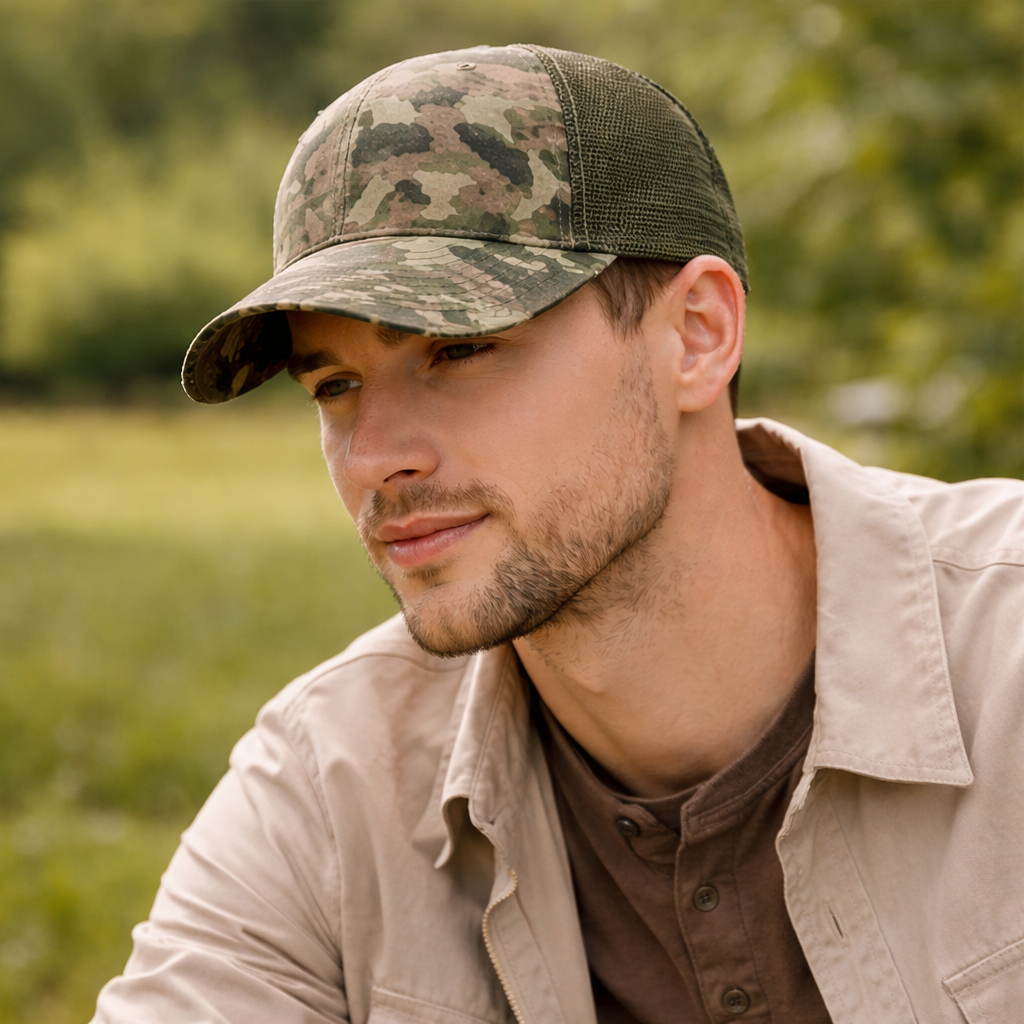 Outdoor Camo Mesh Trucker Hat – Breathable Adjustable Cap for Hunting