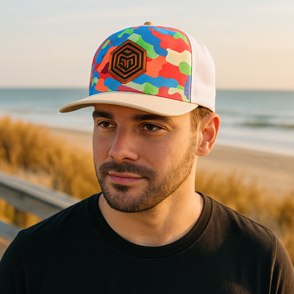 Color Camo Trucker Hat with Hexagon Leather Patch and White Mesh Back