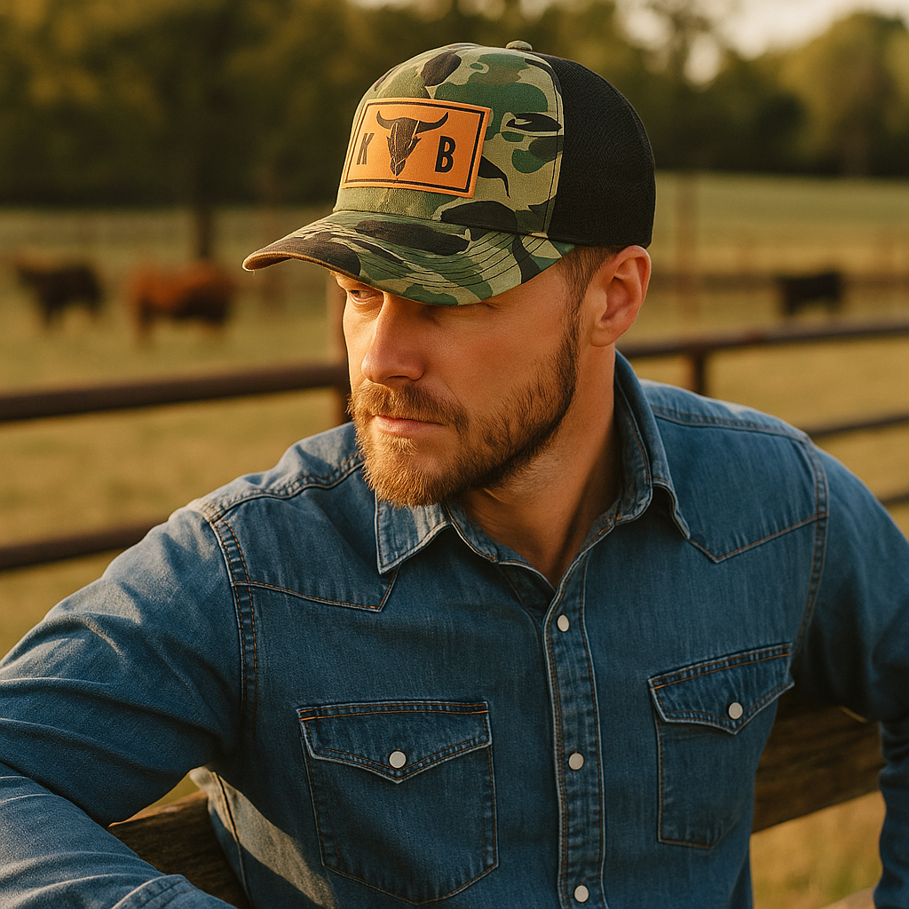 Bull Head Leather Patch Camo Trucker Hat with Mesh Back