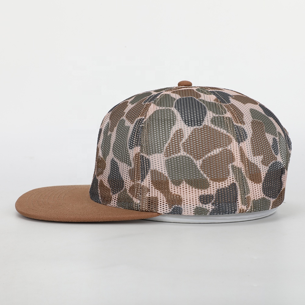 Flat Brim Mesh Trucker Hat with Full Camo Print