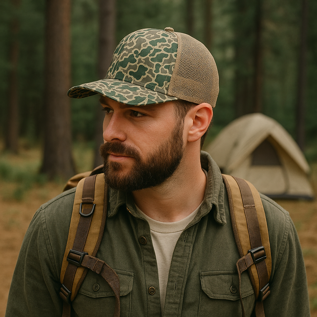 Duck Camo Mesh Back Trucker Hat – All-Over Print Flat Brim Cap