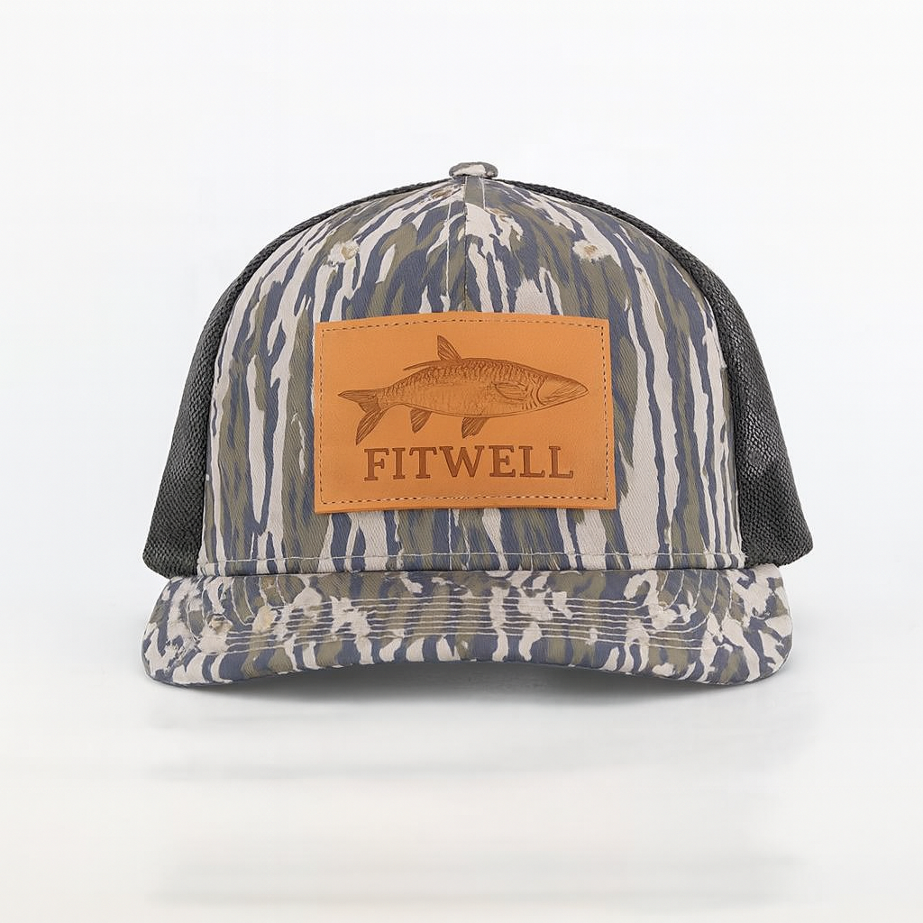 Fairhope Fish House Camo Trucker Hat with Leather Patch