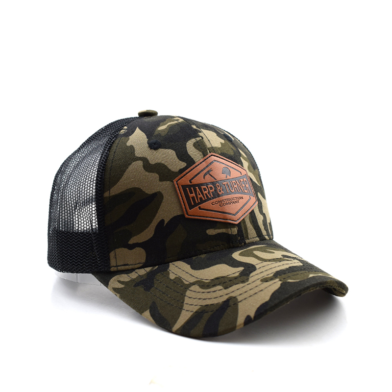 Camouflage Trucker Cap with Leather Patch Logo – Harp & Turner