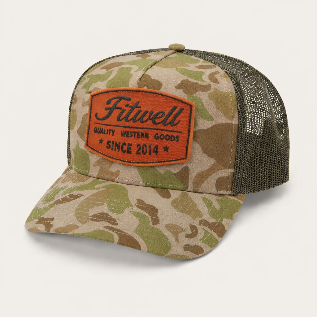 Camo Mesh Trucker Hat with Embossed Leather Patch – Western Outdoor Style