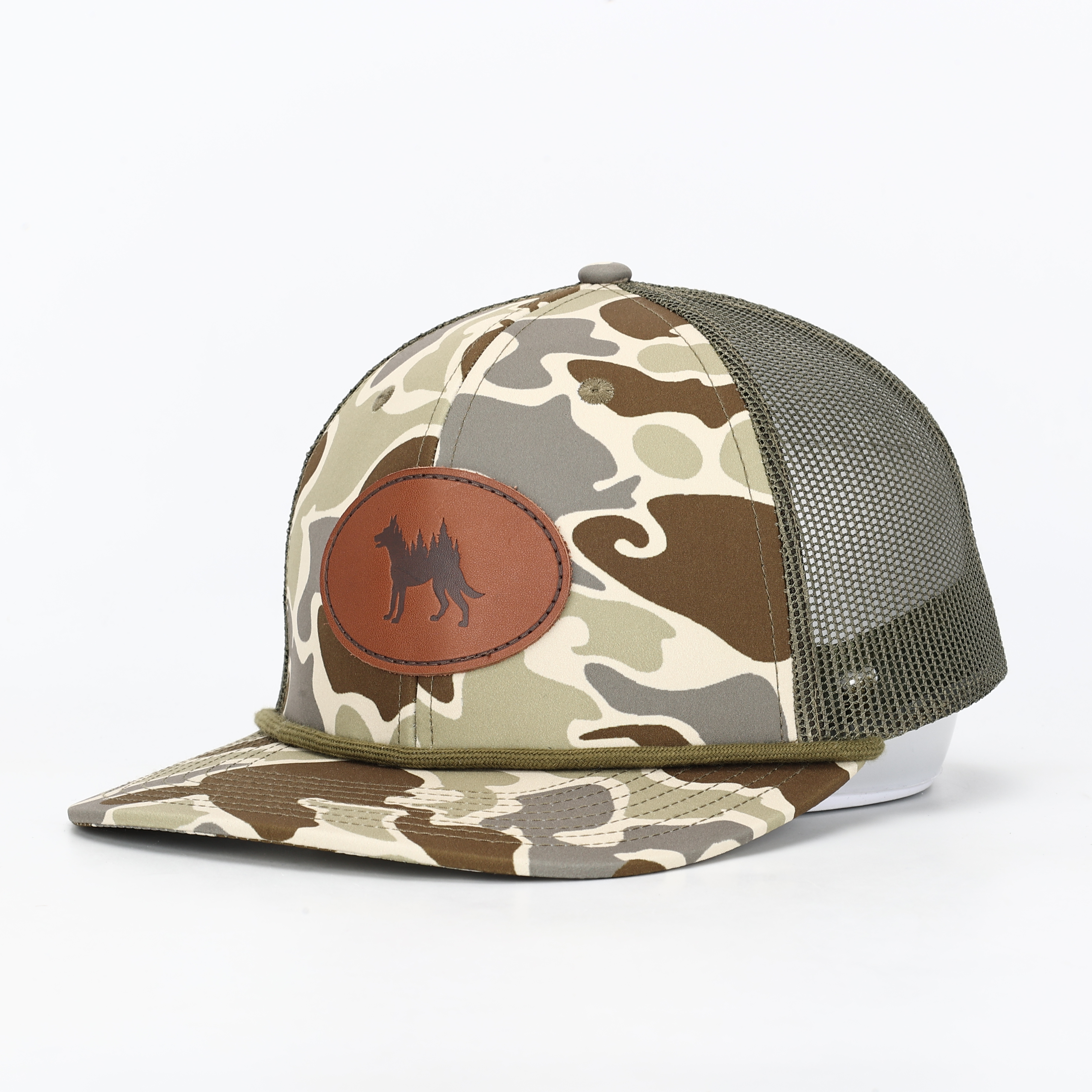 Camo Trucker Cap with Wolf Forest Leather Patch – Outdoor Adventure Hat