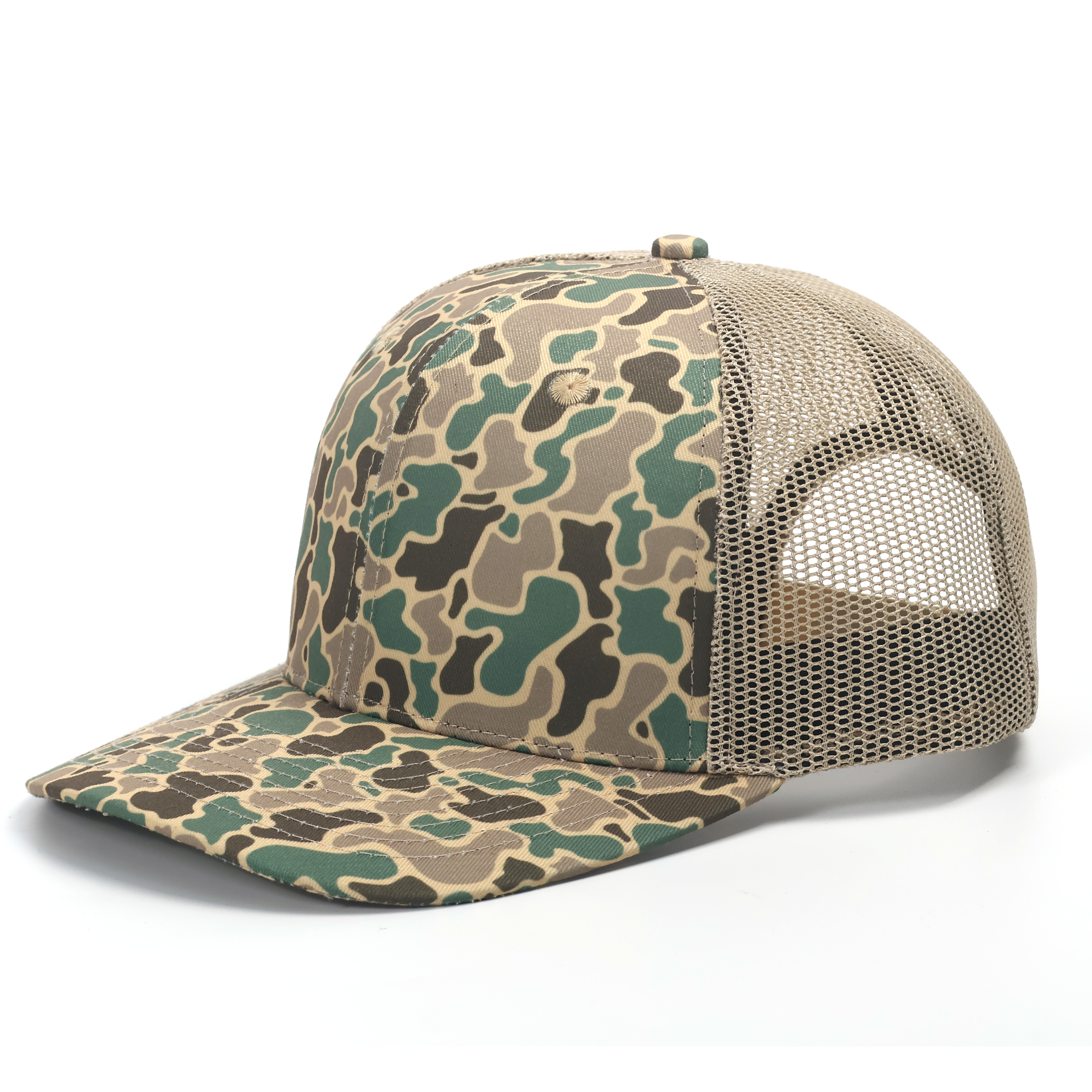 Duck Camo Mesh Back Trucker Hat – All-Over Print Flat Brim Cap