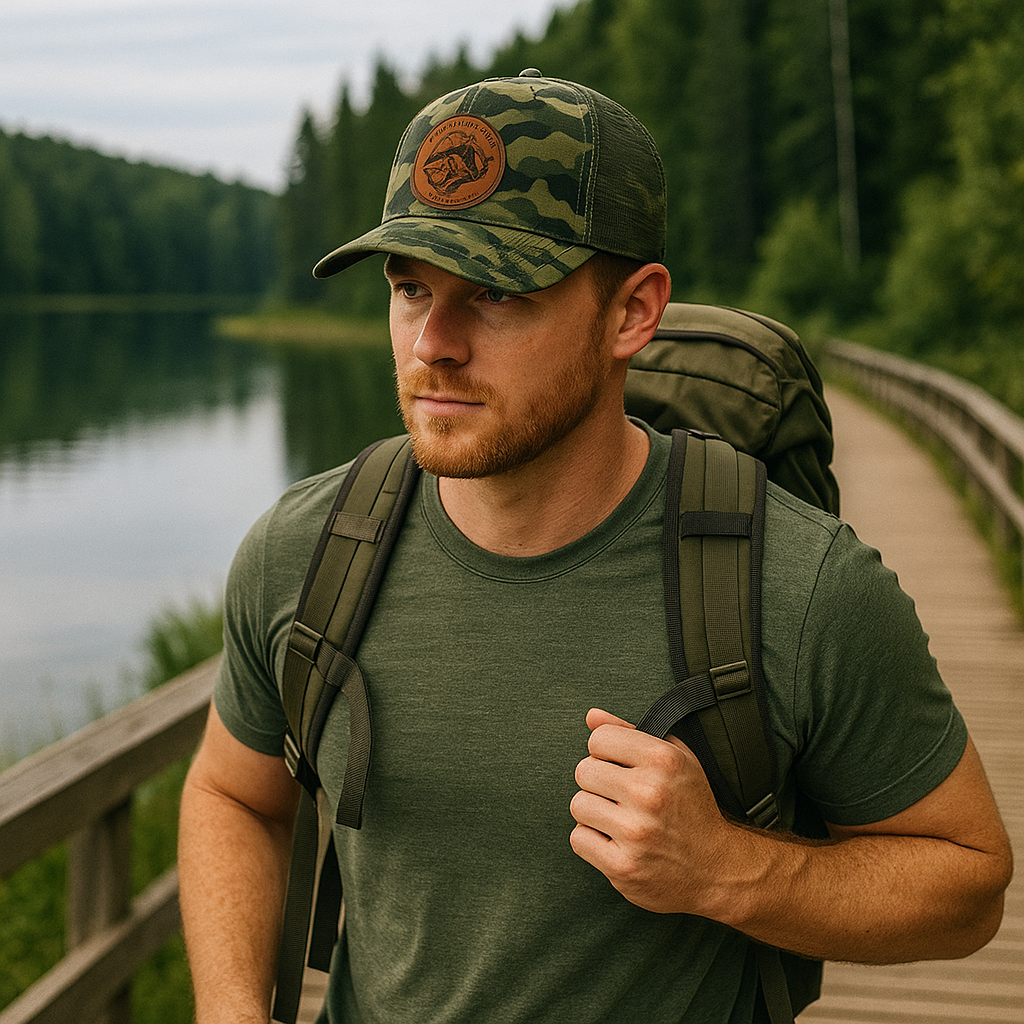 Camo Mesh Trucker Hat with Round Leather Patch - Don’t Bait & Tackle