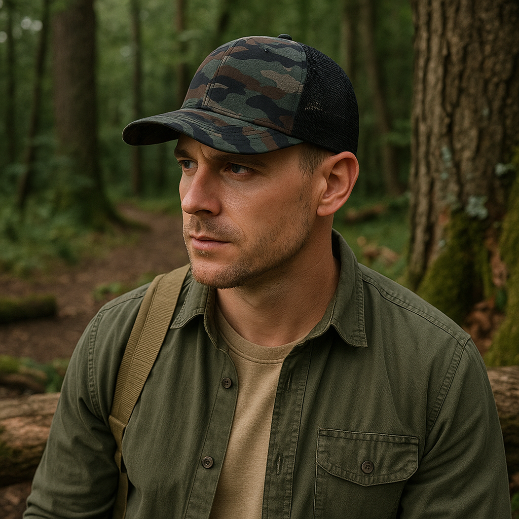 Camo Mesh Back Trucker Hat with Curved Brim and Structured Front