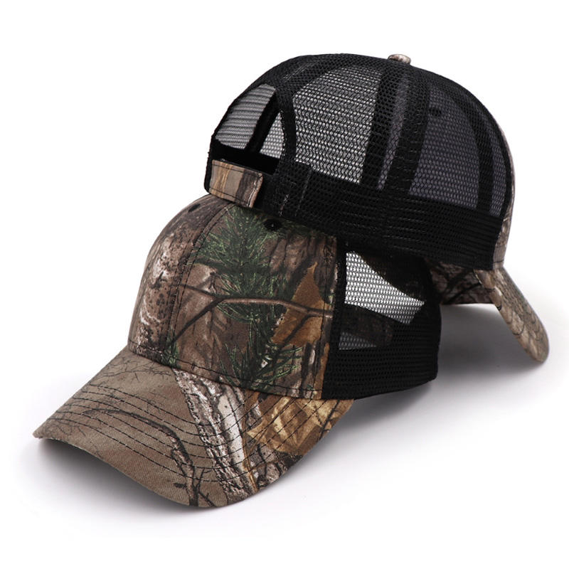 Camo Print Trucker Hat with Mesh Back and Leather Patch