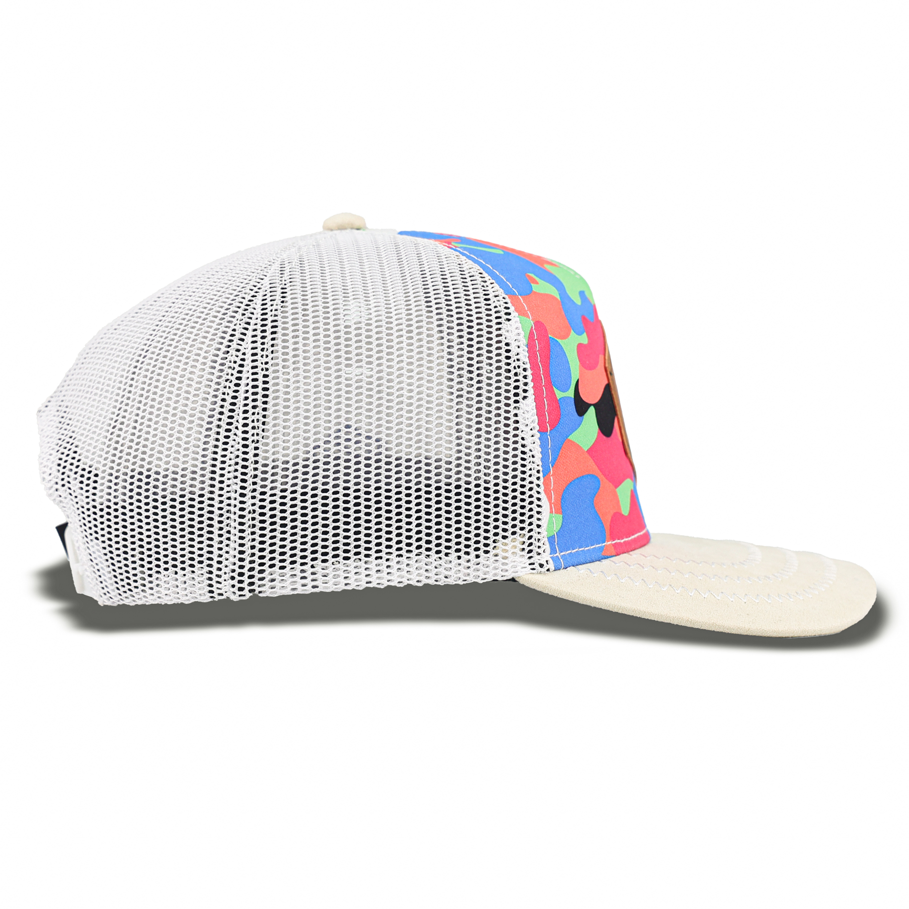 Color Camo Trucker Hat with Hexagon Leather Patch and White Mesh Back