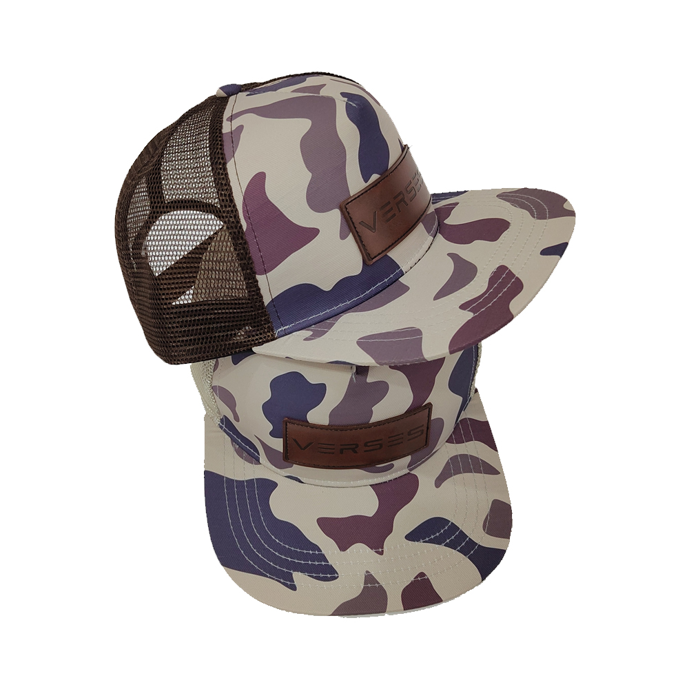 Purple Camo Mesh Trucker Hat with Leather Patch