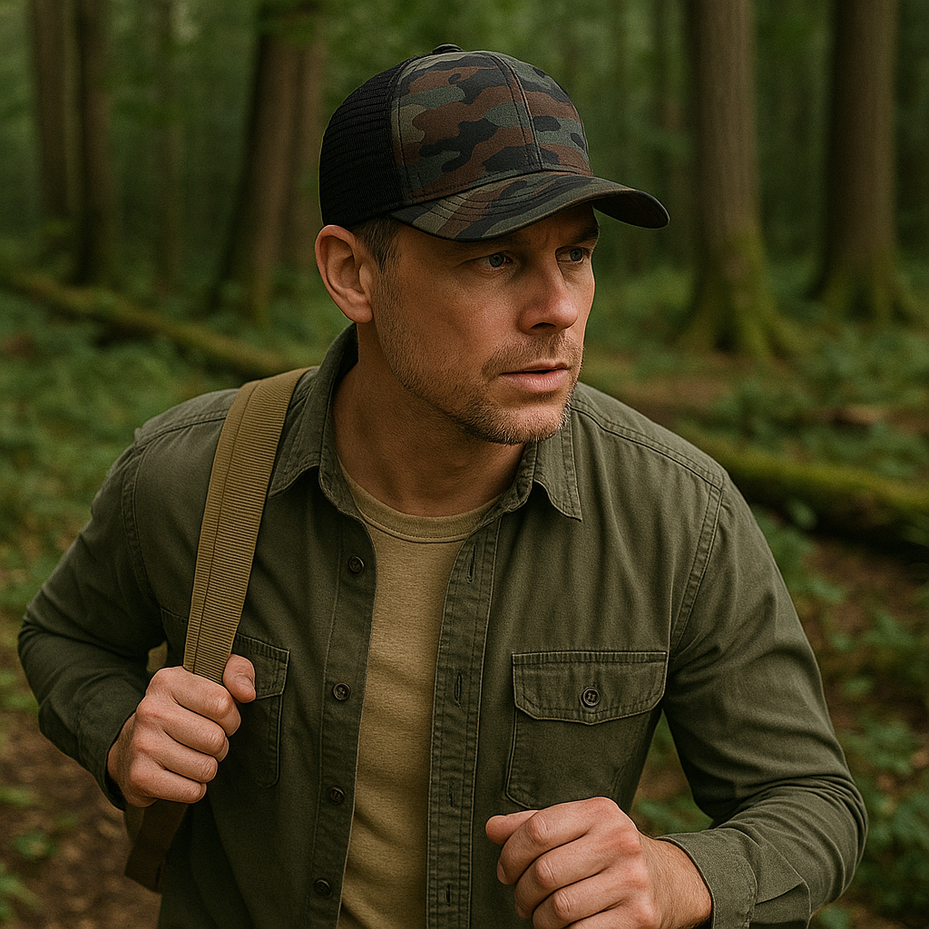 Camo Mesh Back Trucker Hat with Curved Brim and Structured Front