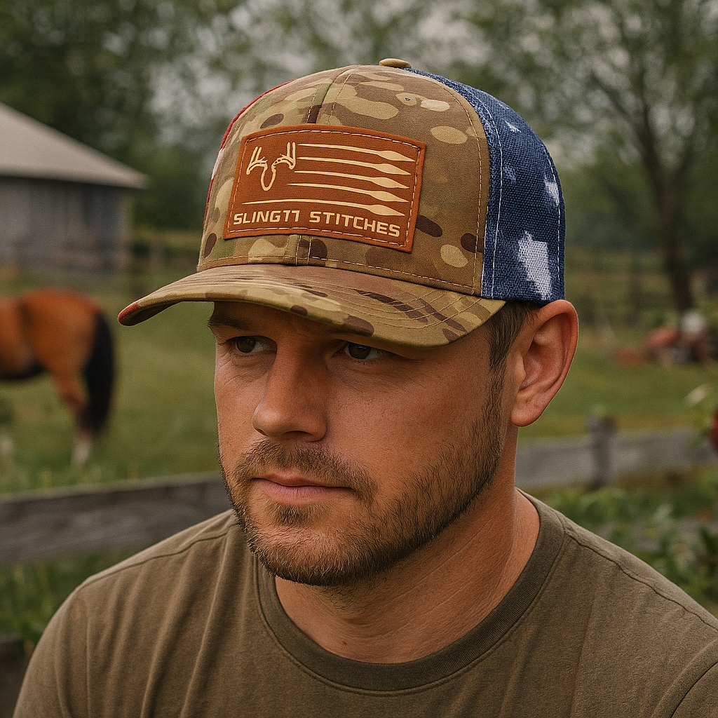 Sling'n Stitches Patriotic Camo Mesh Trucker Hat with Leather Patch