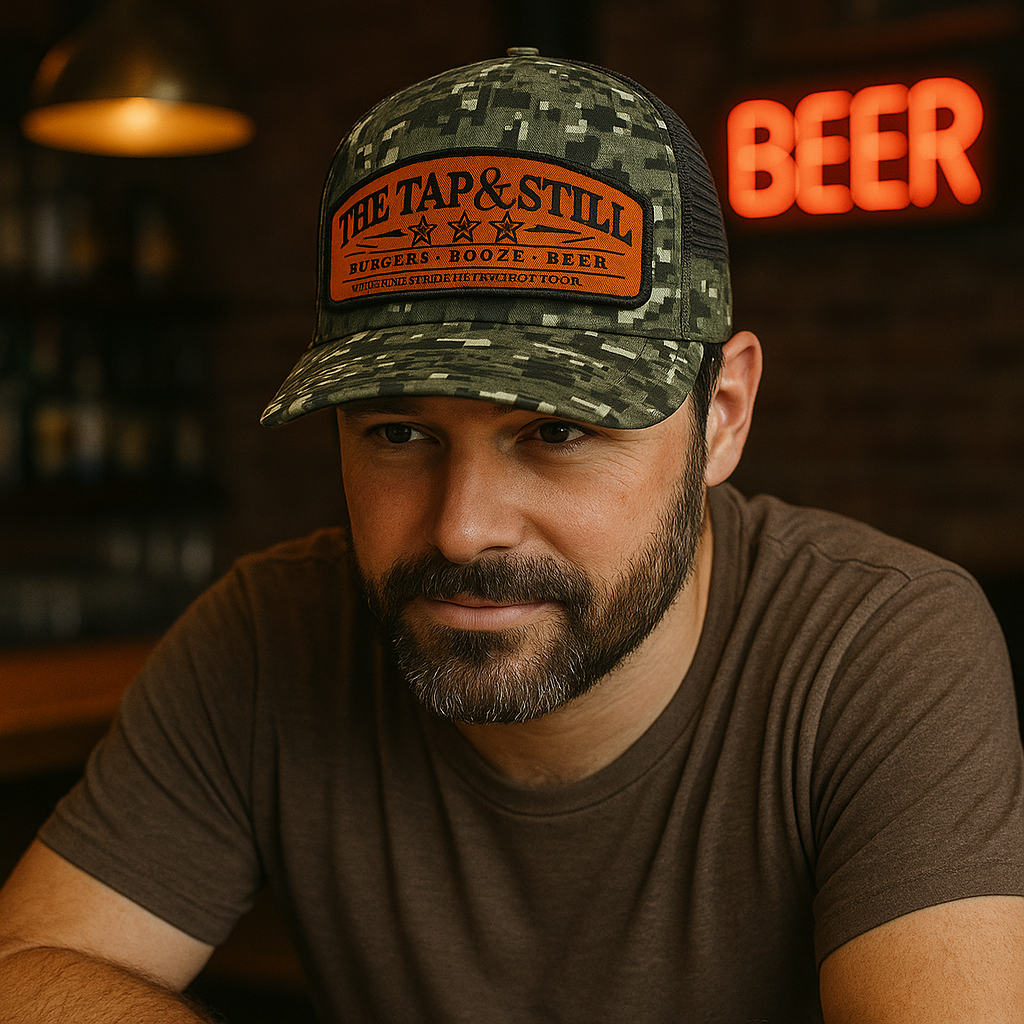 The Tap & Still Camo Trucker Cap with Custom Leather Patch