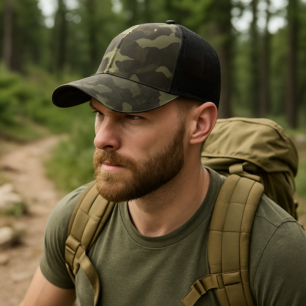 Camo Mesh Trucker Hat with Leather Patch – Adjustable Outdoor Hunting Cap