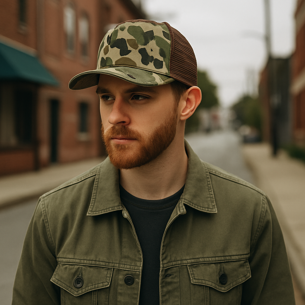 Camo Print Mesh Trucker Hat with Leather Patch Option