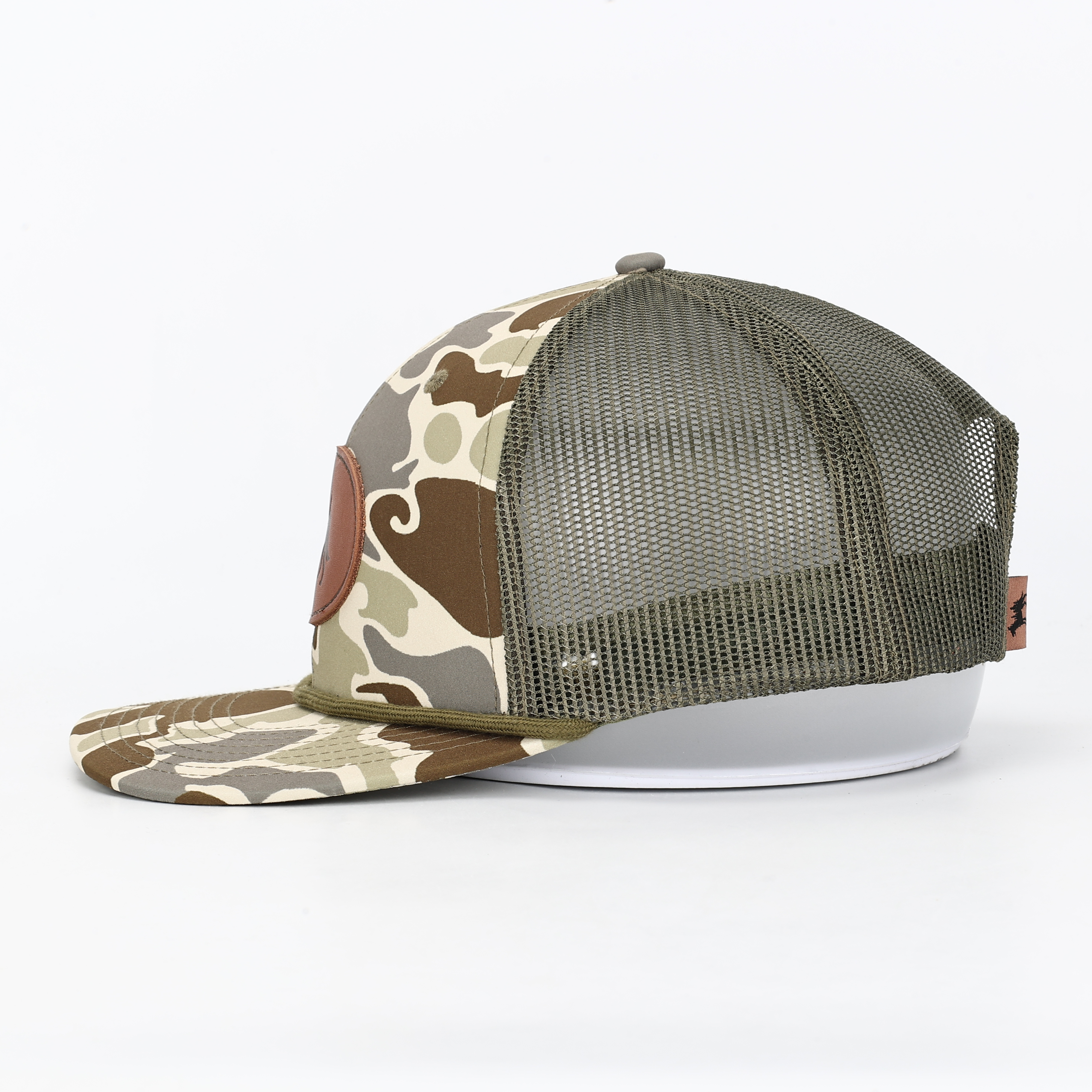 Camo Trucker Cap with Wolf Forest Leather Patch – Outdoor Adventure Hat