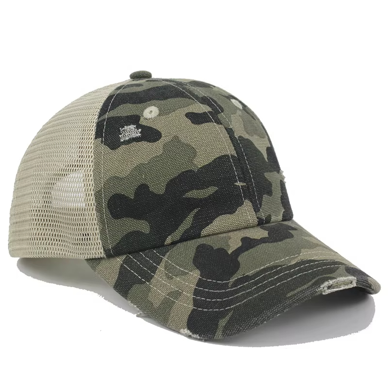 Vintage Camo Distressed Mesh Trucker Cap – Snapback Outdoor Hat