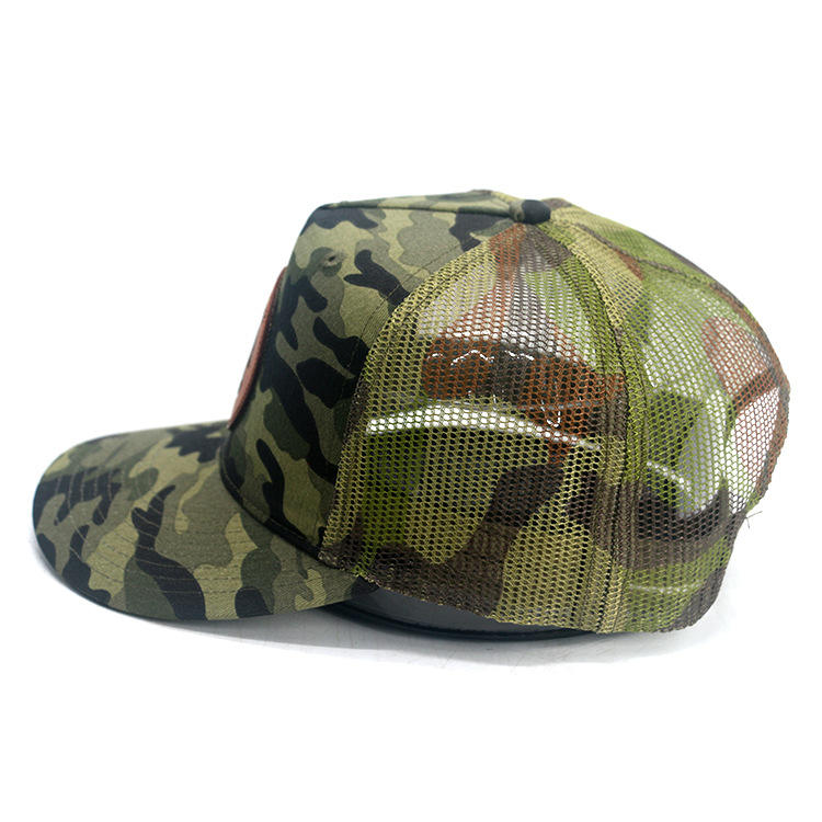 Camo Mesh Trucker Hat with Round Leather Patch - Don’t Bait & Tackle