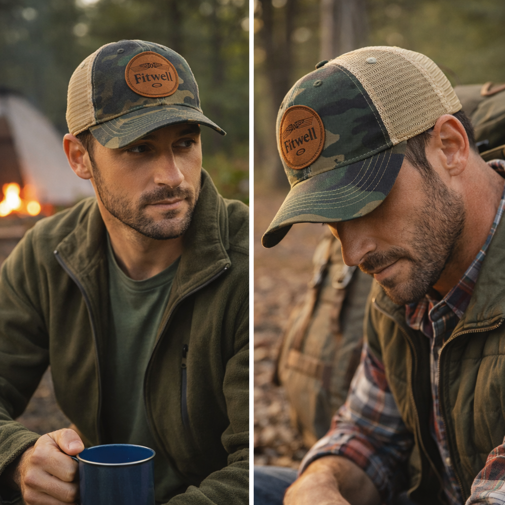 Camo Mesh Back Trucker Hat with Leather Patch