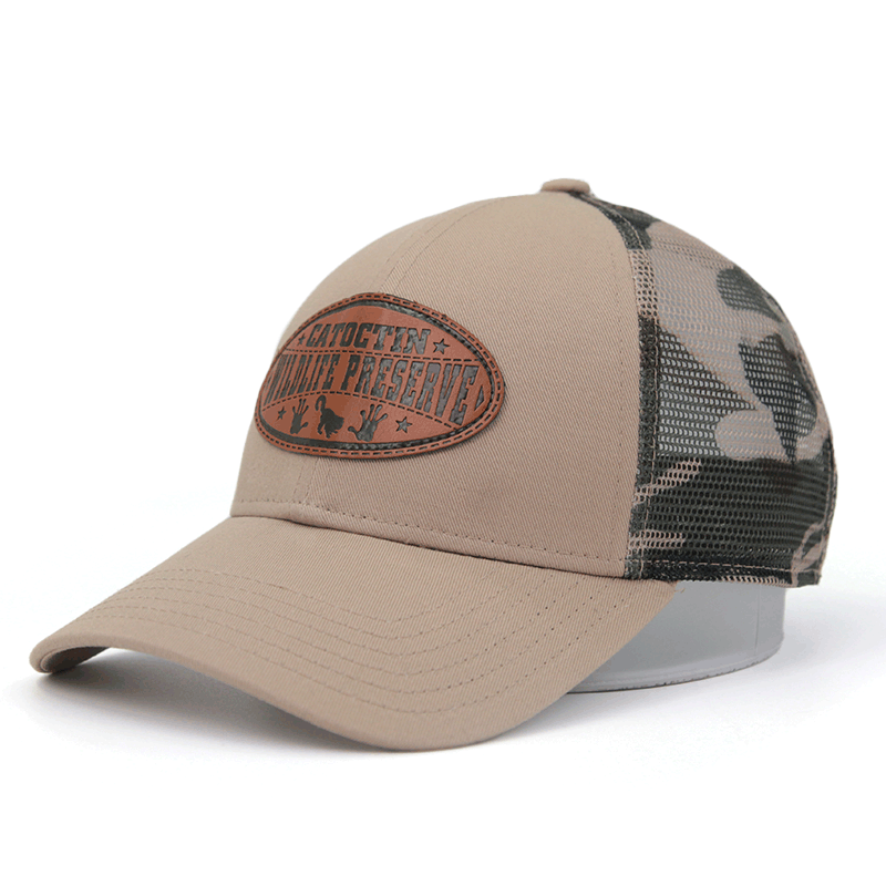 Wildlife Preserve Trucker Hat with Oval Leather Patch and Camo Mesh Back