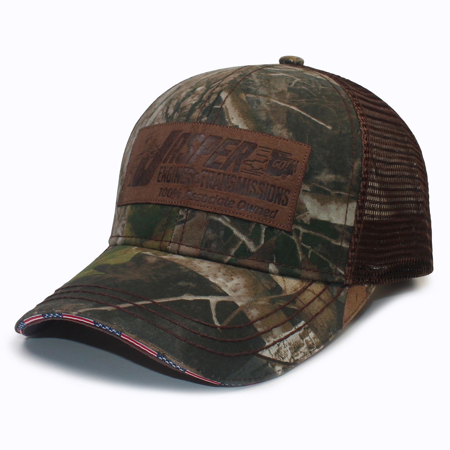 Jasper Logo Camo Mesh Trucker Cap with Brown Leather Patch