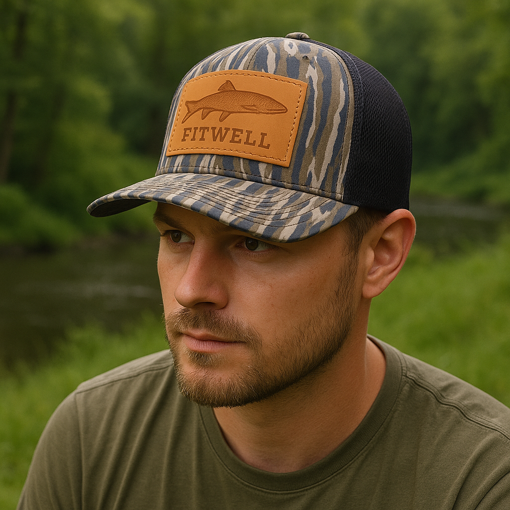 Fairhope Fish House Camo Trucker Hat with Leather Patch