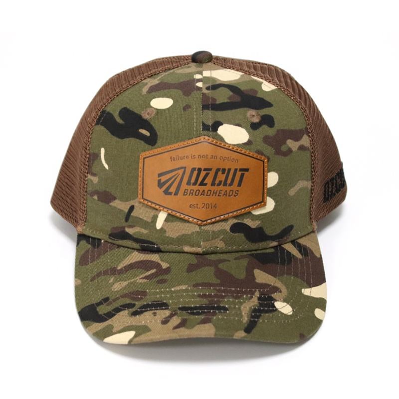 Camo Mesh Trucker Hat with Leather OZCUT Broadheads Patch
