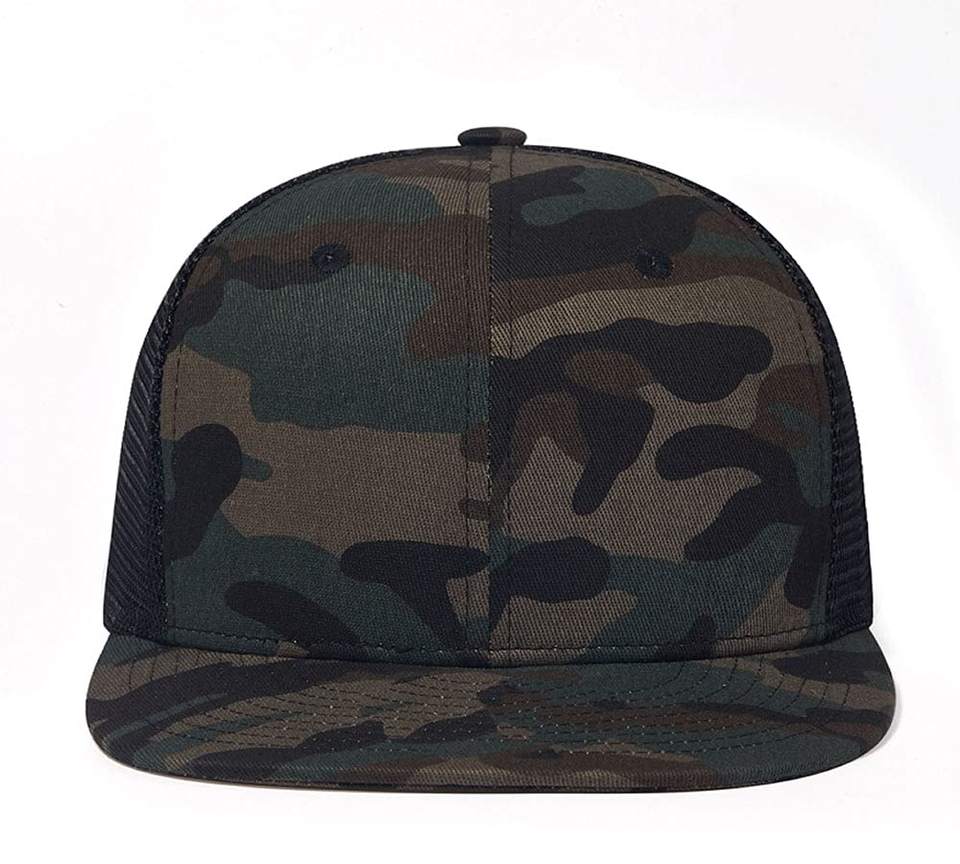 Flat Brim Dark Camo Mesh Trucker Cap with Snapback Closure – Urban Outdoor Style