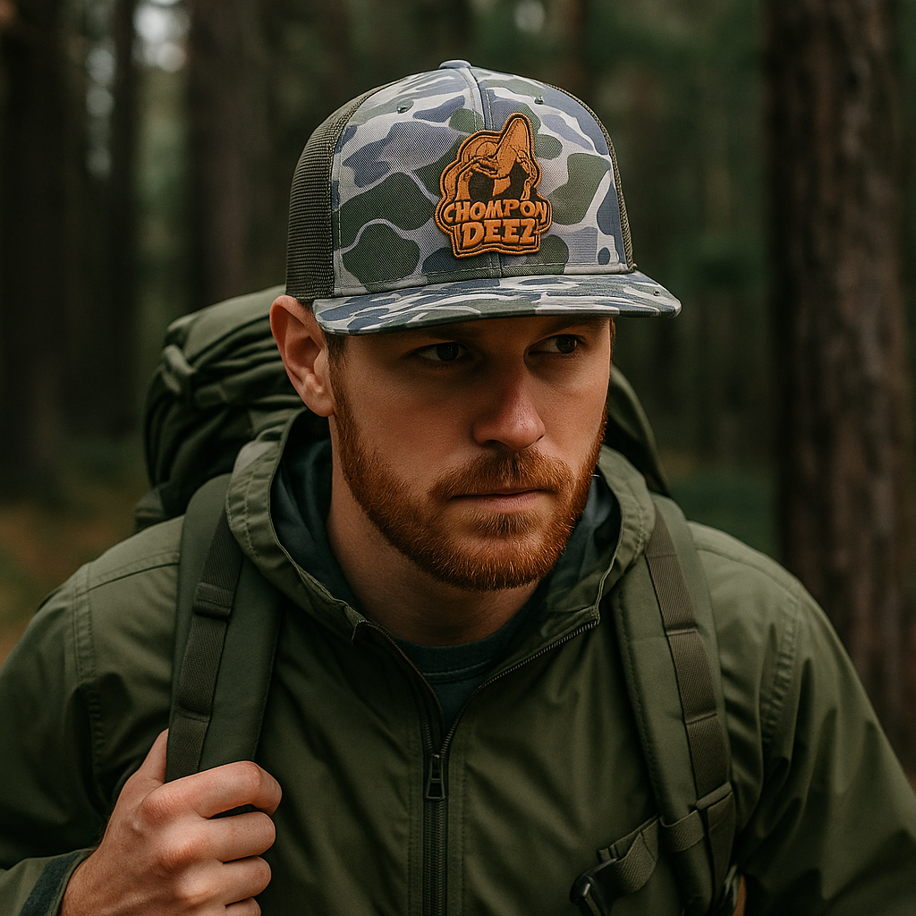 Chomp-On Deez Leather Patch Camo Mesh Trucker Hat