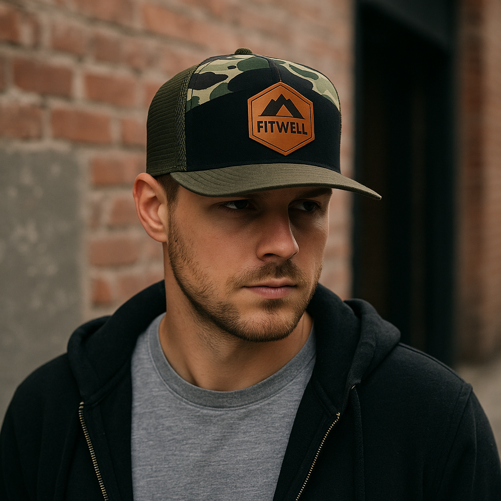 Camo Mesh Trucker Hat with Leather Patch – 7 Panel Custom Cap