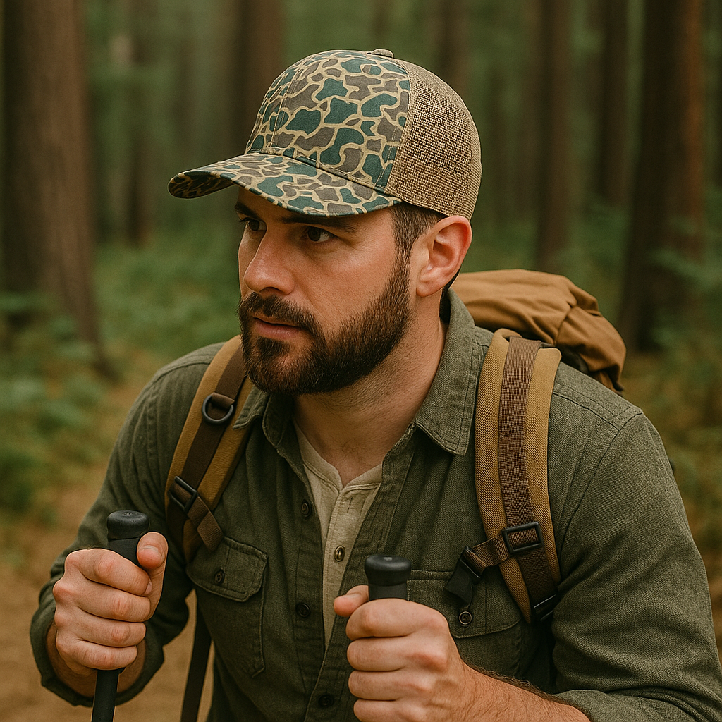 Duck Camo Mesh Back Trucker Hat – All-Over Print Flat Brim Cap