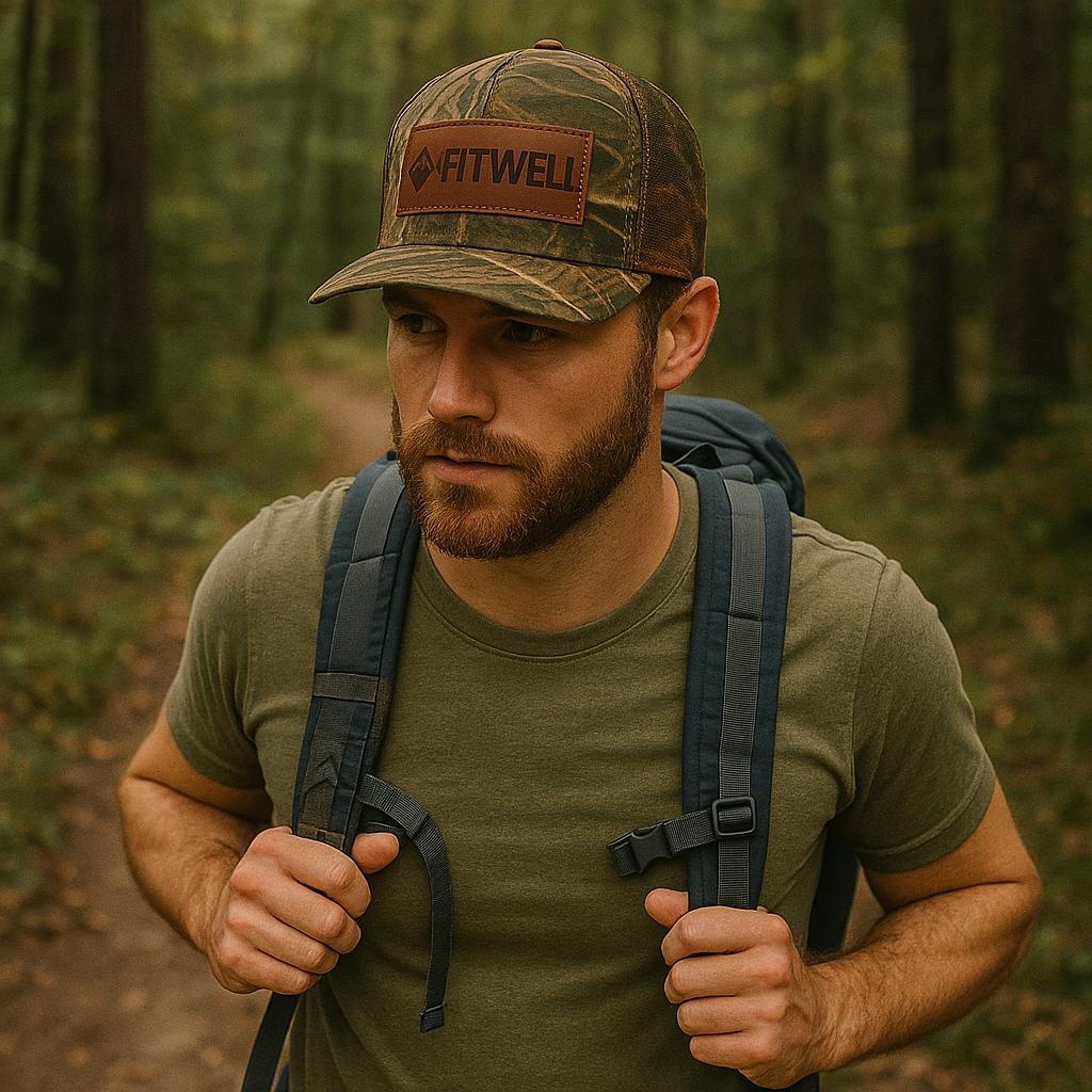 Jasper Logo Camo Mesh Trucker Cap with Brown Leather Patch