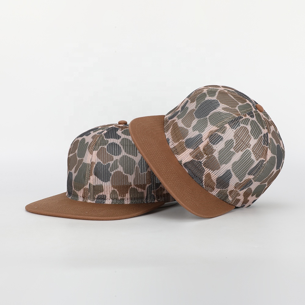 Flat Brim Mesh Trucker Hat with Full Camo Print