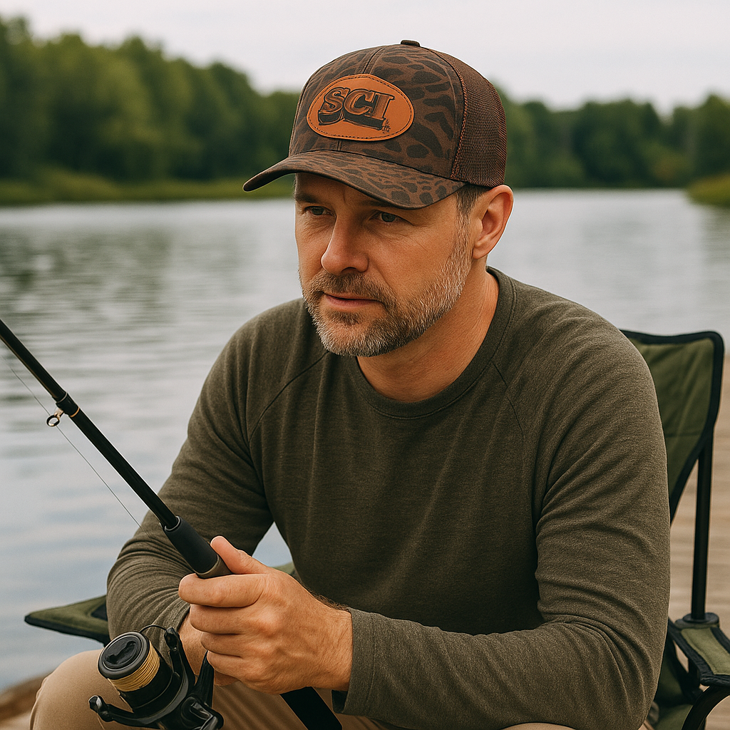 Leopard Camo Trucker Hat with Custom Leather Patch and Mesh Back
