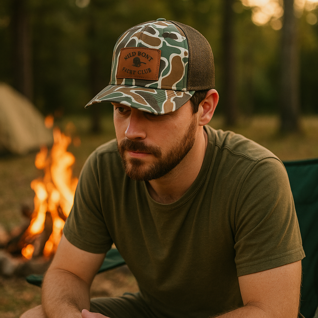 Mud Boat Yacht Club Camo Trucker Hat with Leather Patch