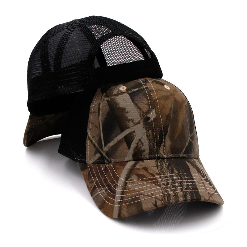 Camo Print Trucker Hat with Mesh Back and Leather Patch