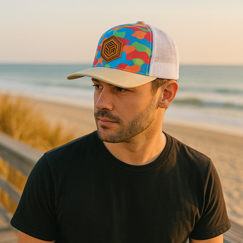 Color Camo Trucker Hat with Hexagon Leather Patch and White Mesh Back