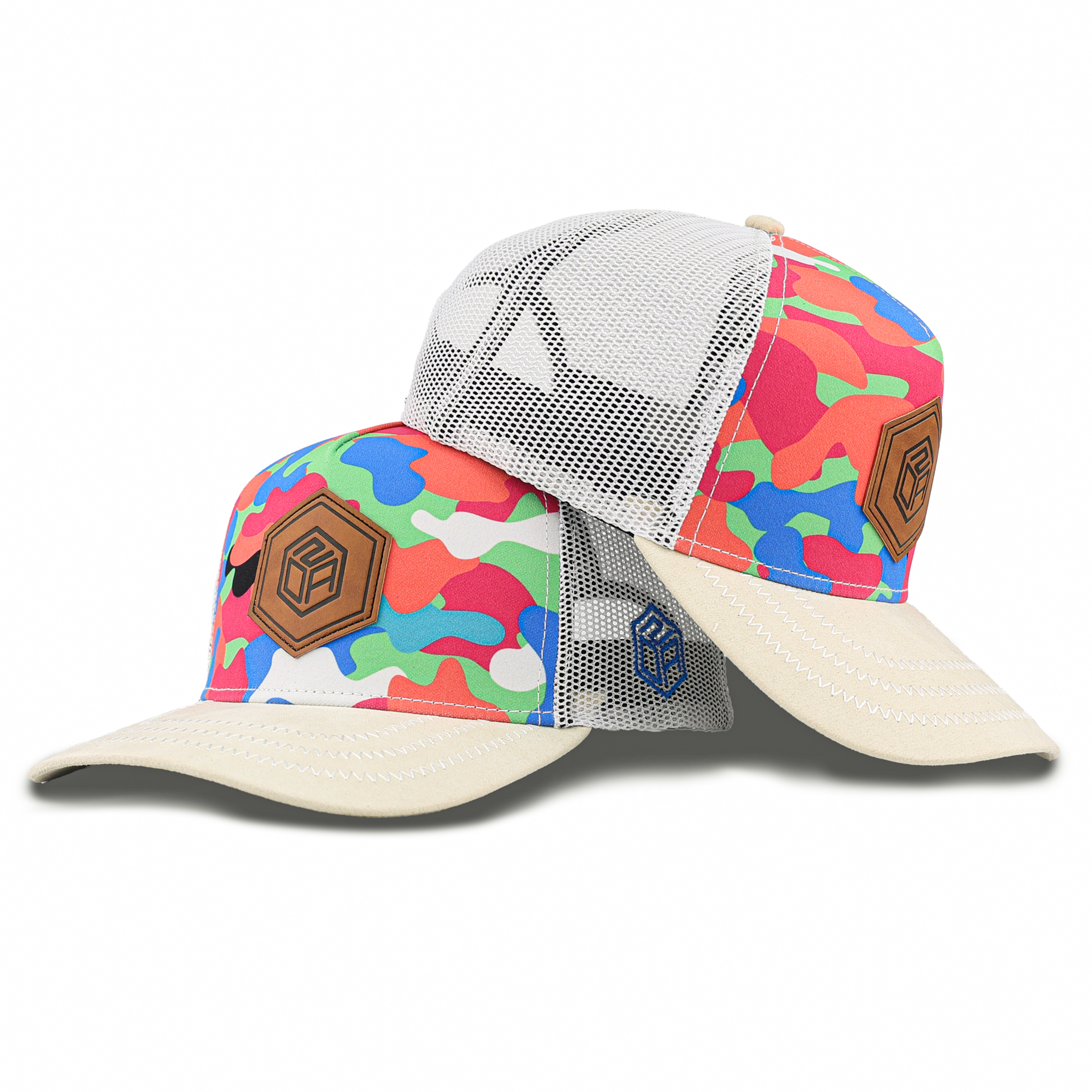 Color Camo Trucker Hat with Hexagon Leather Patch and White Mesh Back