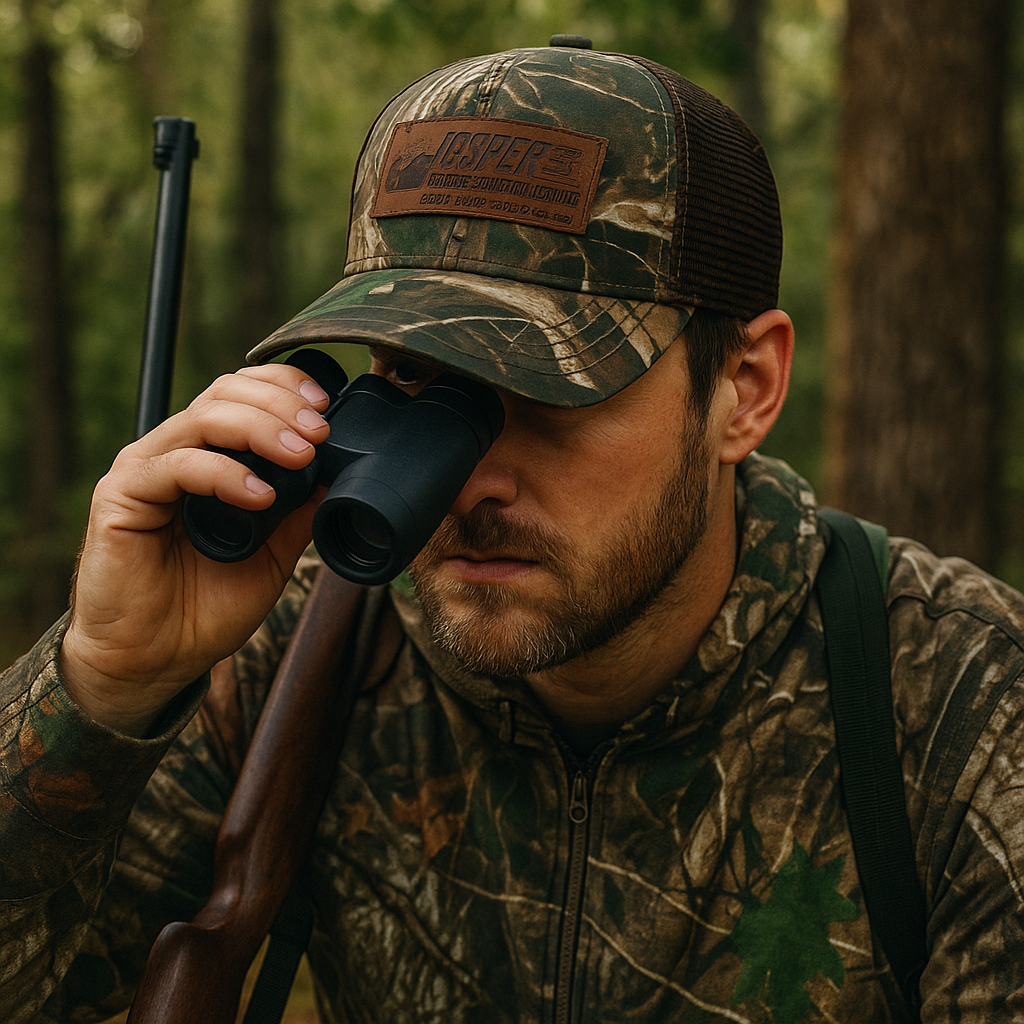 Jasper Logo Camo Mesh Trucker Cap with Brown Leather Patch